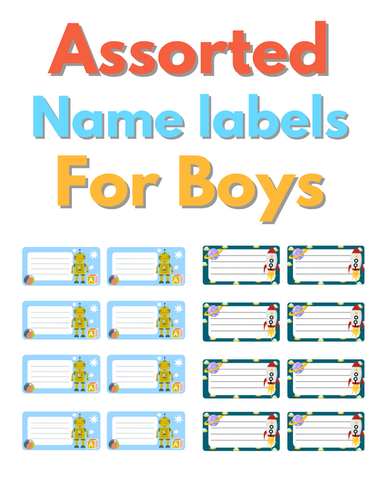 Printable Name Labels for Boys- 72 Labels + FREE Cute Stickers