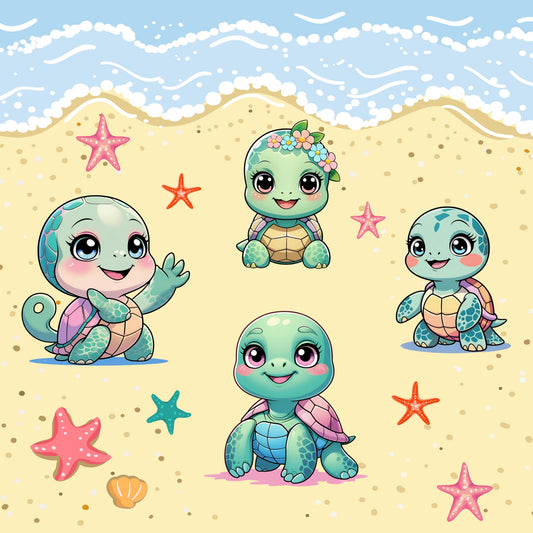 Kawaii Happy Young Sea Turtle Sticker (6” x 6”)